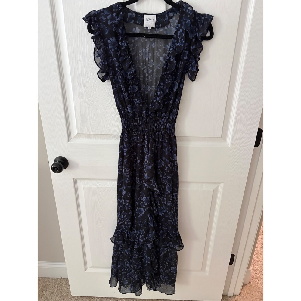 MISA Los Angeles Women Black Blue Floral Ruffle V-Neck Smocked Midi Dress Small